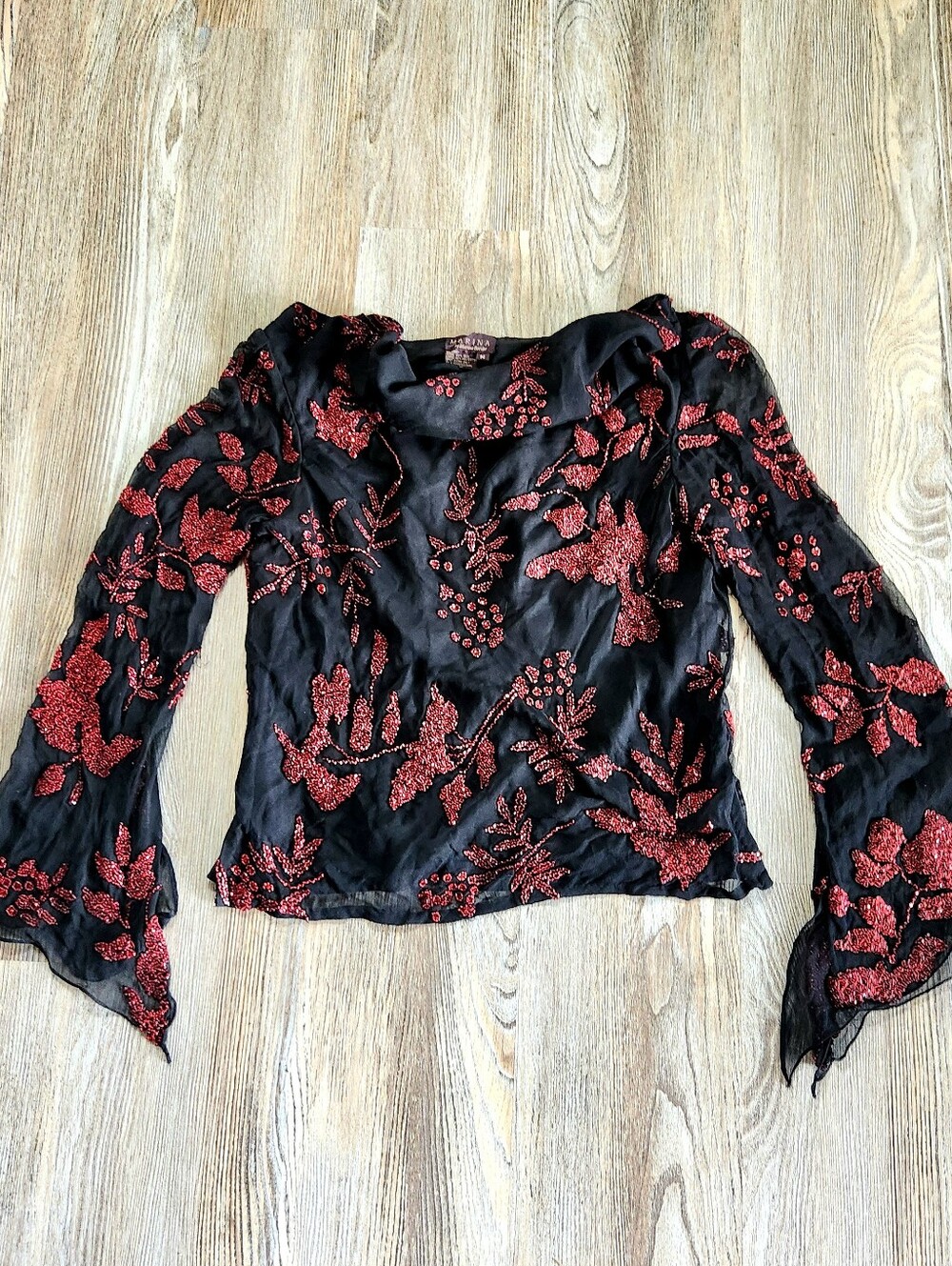 Marina Bresler Silk Beaded Drape Neck Bell Sleeve Top M Black Red Goth Boho Y2K